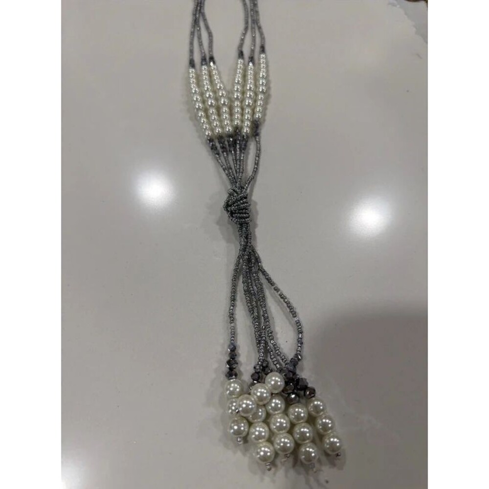 Vintage Style Glitz Glam Silver Pearl Party Statement Necklace